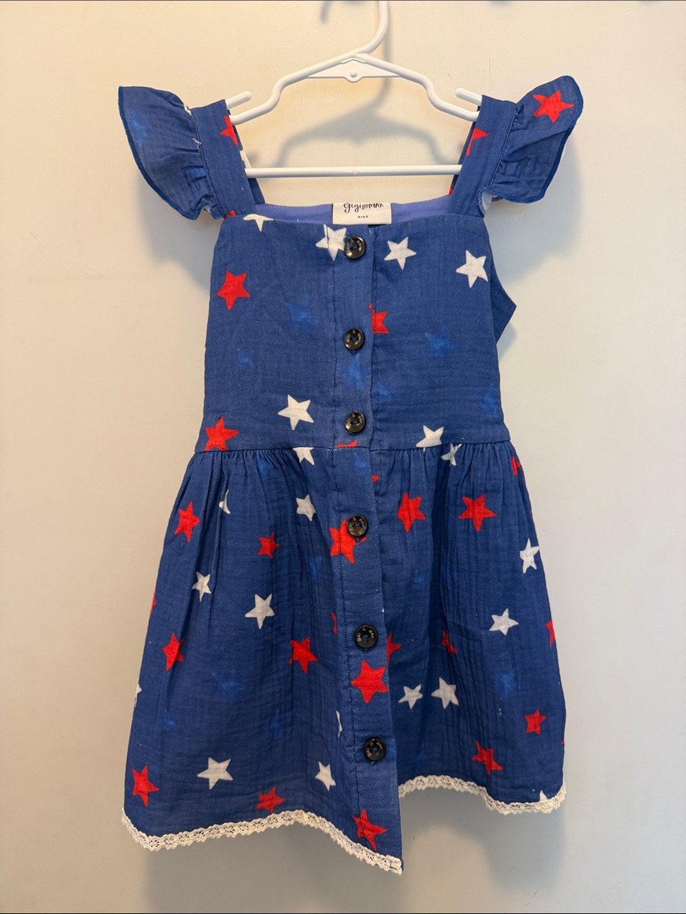 Matching Set in Red White & Blue - Adorable Star 🌟 Print Button-Front Kids Dress